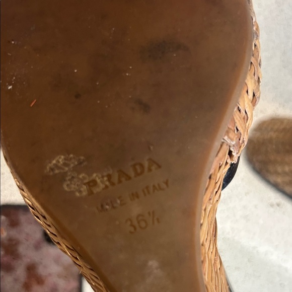 Prada Black and Tan Bamboo Woven Wedge Sandals - Picture 8 of 11